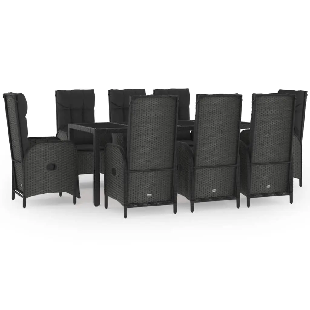 9 Piece Garden Dining Set with Cushions Black Poly Rattan 3185067 - Furniture