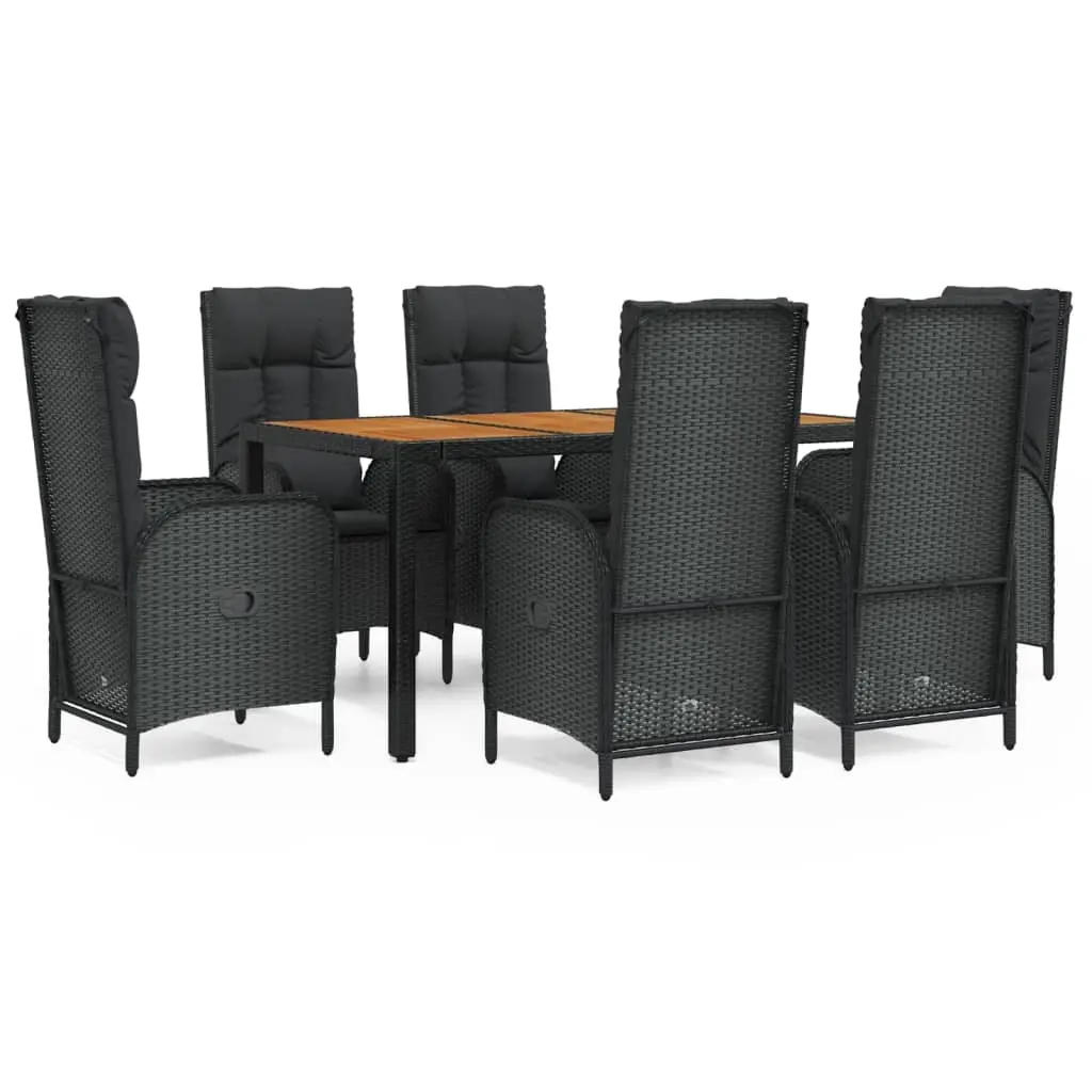 7 Piece Garden Dining Set with Cushions Black Poly Rattan 3185071 - Furniture