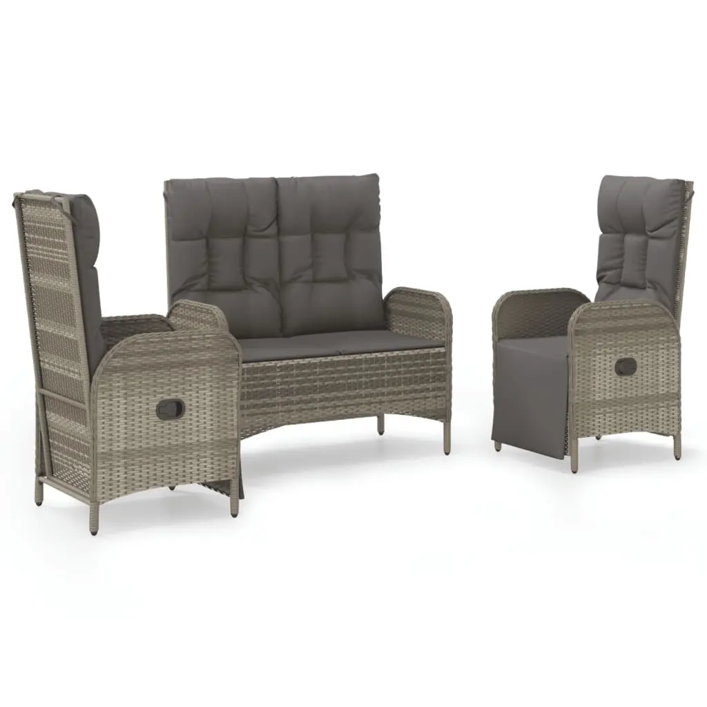 3 Piece Garden Dining Set with Cushions Grey Poly Rattan 3185092 - Furniture