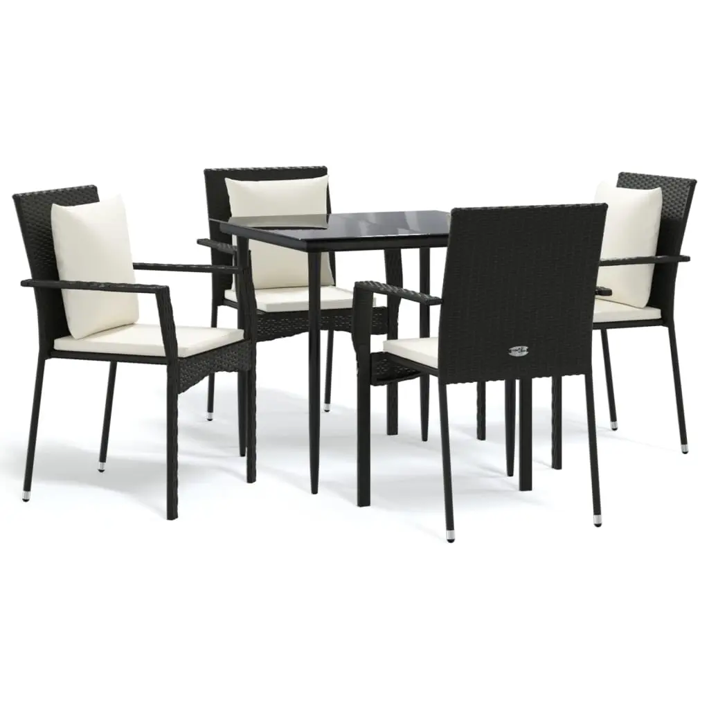 5 Piece Garden Dining Set with Cushions Black Poly Rattan 3185096 - Furniture