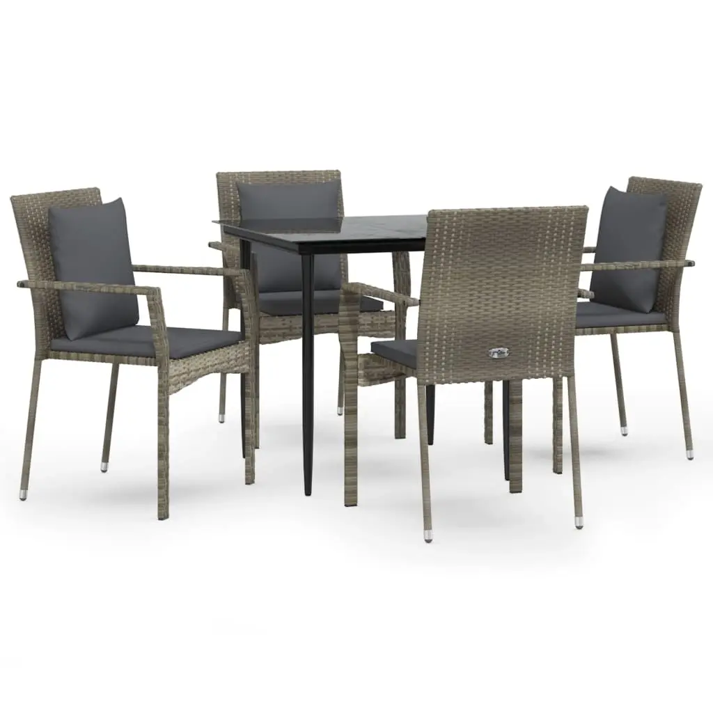 5 Piece Garden Dining Set with Cushions Black and Grey Poly Rattan 3185102 - Furniture