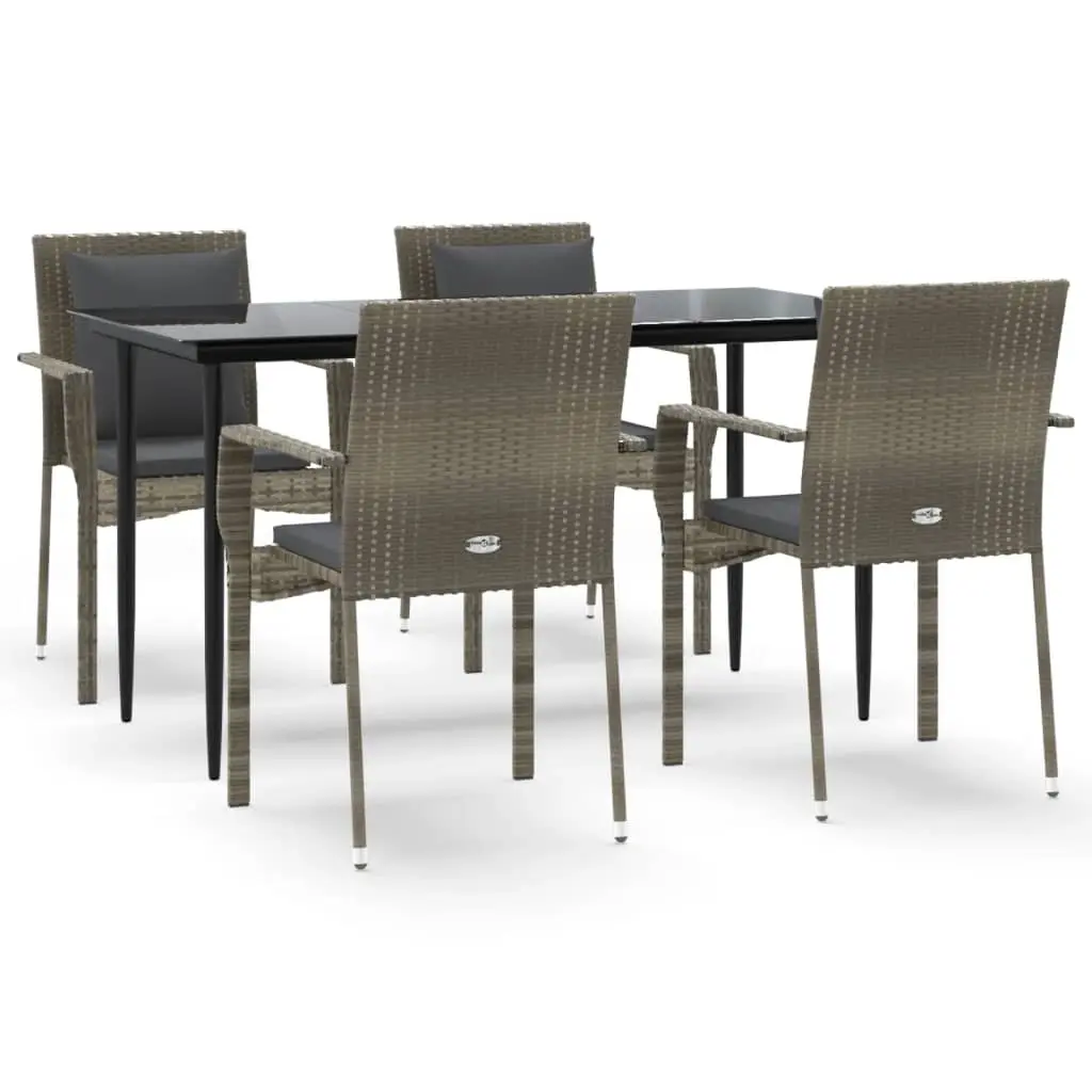 5 Piece Garden Dining Set with Cushions Black and Grey Poly Rattan 3185103 - Furniture
