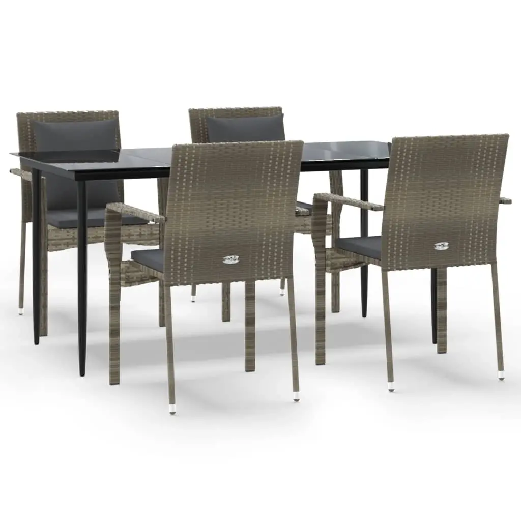 5 Piece Garden Dining Set with Cushions Black and Grey Poly Rattan 3185104 - Furniture
