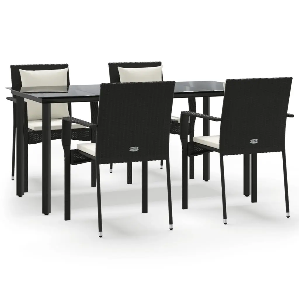 5 Piece Garden Dining Set with Cushions Black Poly Rattan 3185110 - Furniture