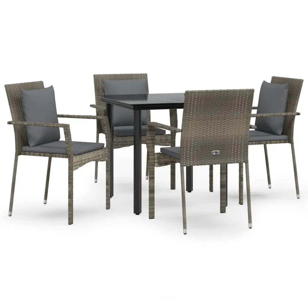 5 Piece Garden Dining Set with Cushions Black and Grey Poly Rattan 3185114 - Furniture