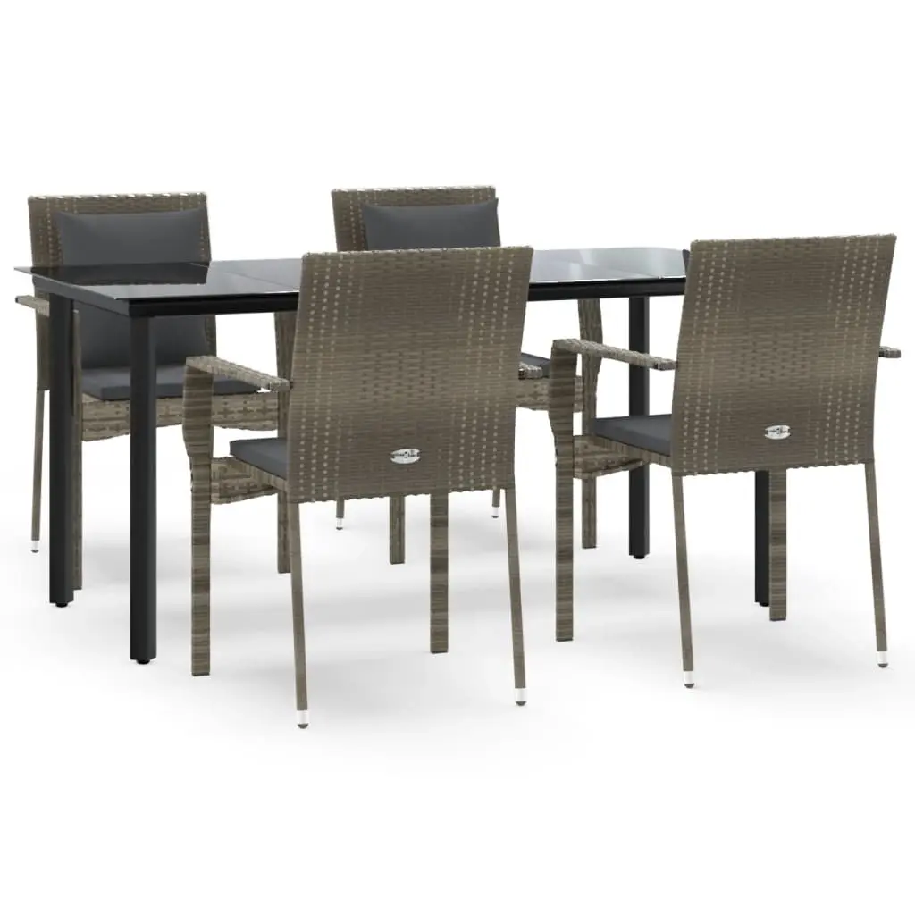 5 Piece Garden Dining Set with Cushions Black and Grey Poly Rattan 3185116 - Furniture