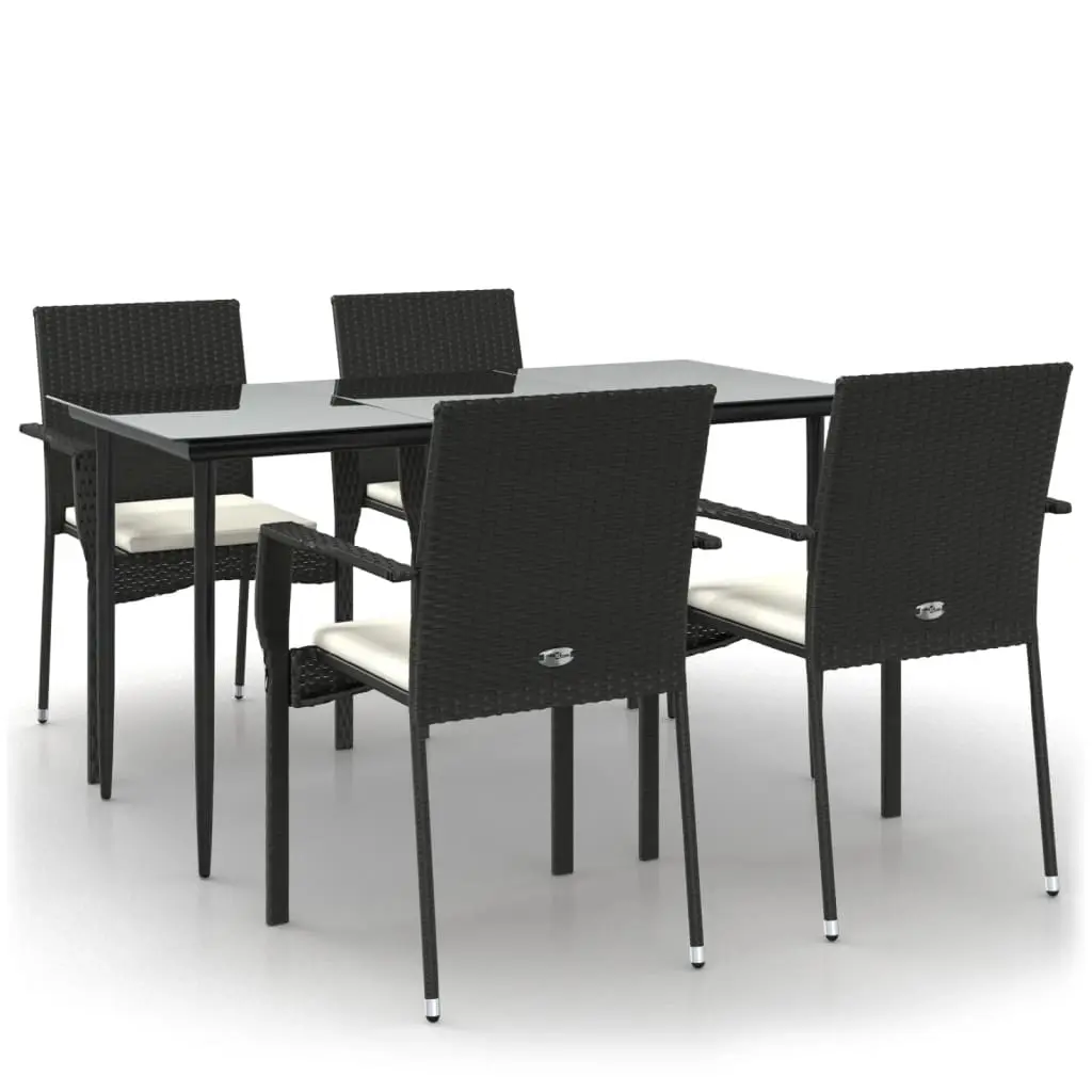 5 Piece Garden Dining Set with Cushions Black Poly Rattan 3185121 - Furniture