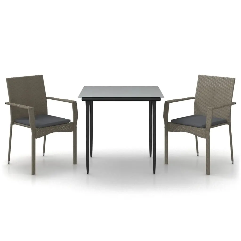 3 Piece Garden Dining Set with Cushions Black and Grey Poly Rattan 3185125 - Furniture
