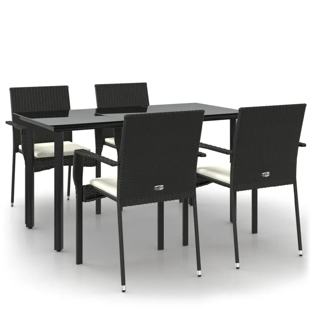5 Piece Garden Dining Set with Cushions Black Poly Rattan 3185133 - Furniture