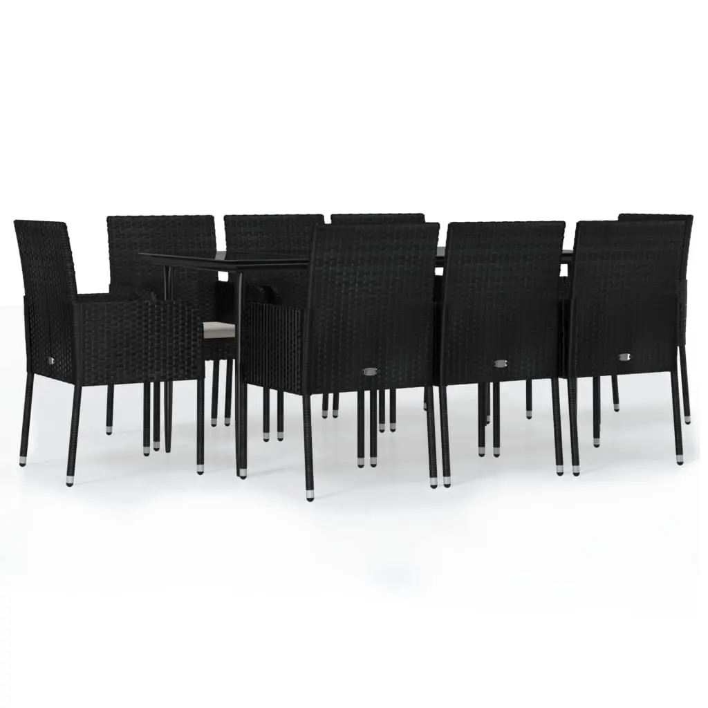 9 Piece Garden Dining Set with Cushions Black Poly Rattan 3185146 - Furniture