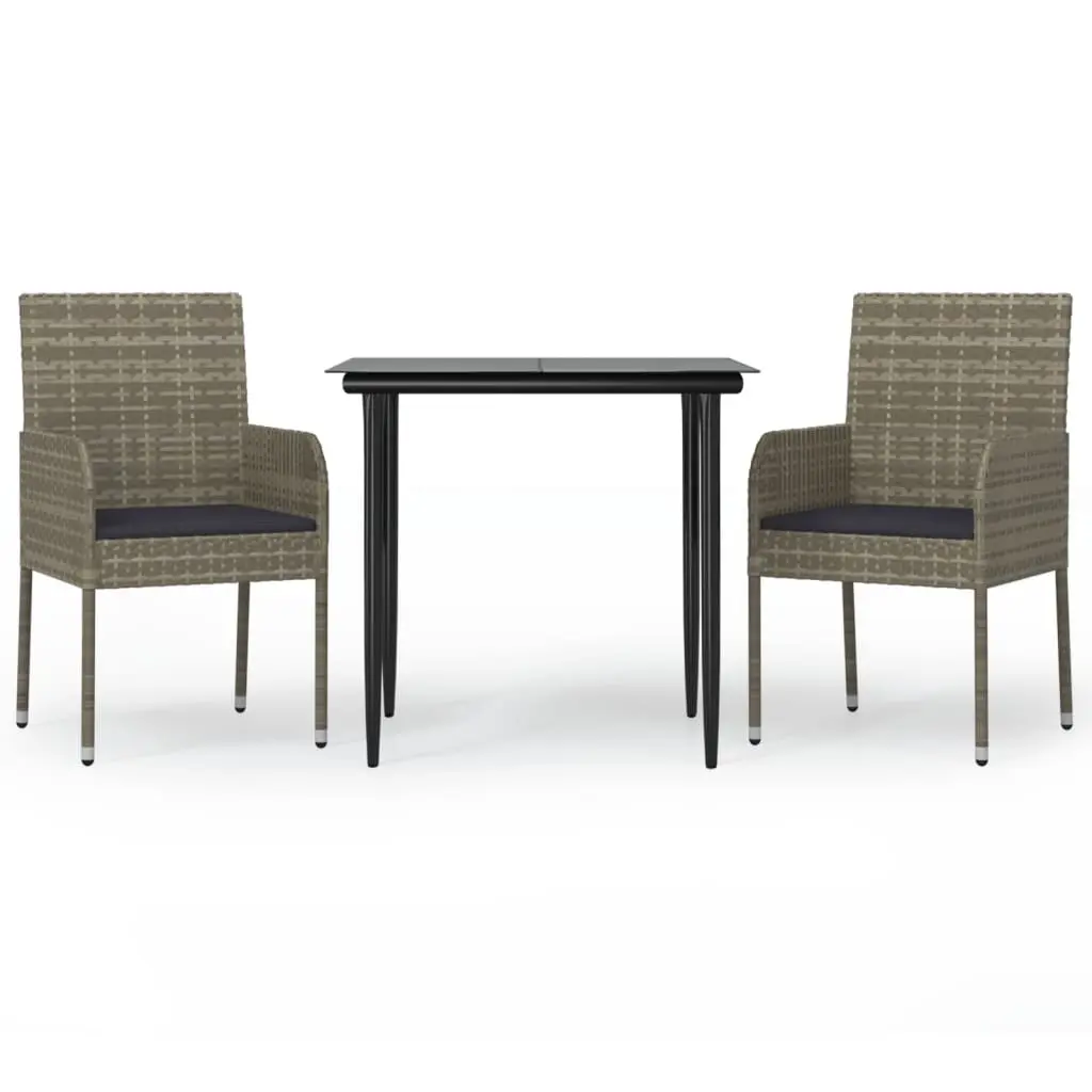 3 Piece Garden Dining Set with Cushions Black and Grey Poly Rattan 3185149 - Furniture