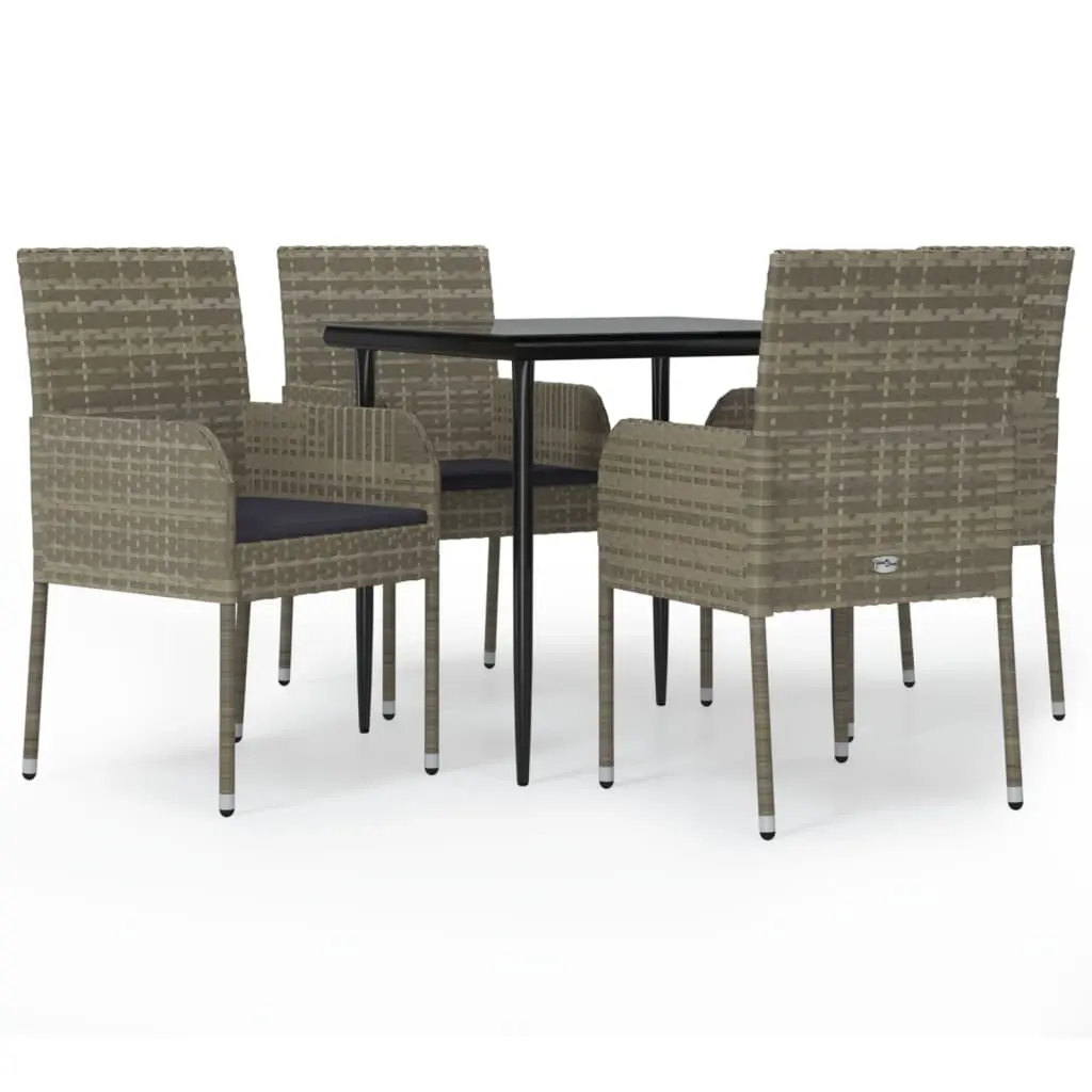 5 Piece Garden Dining Set with Cushions Black and Grey Poly Rattan 3185150 - Furniture
