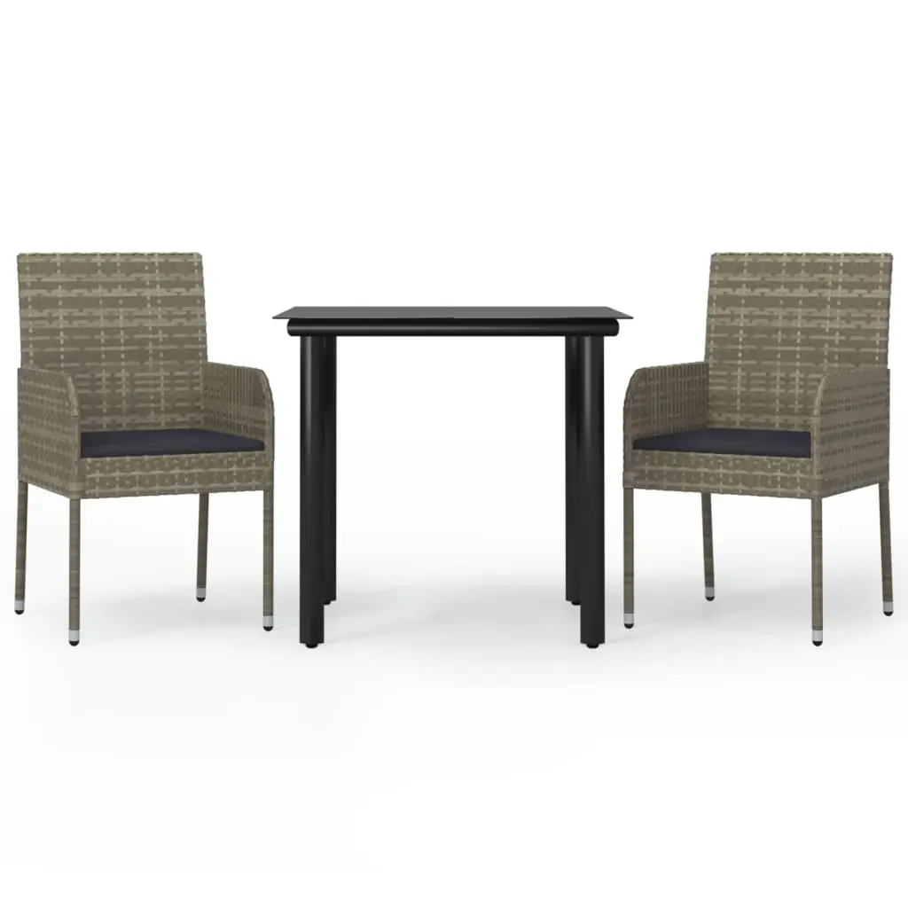 3 Piece Garden Dining Set with Cushions Black and Grey Poly Rattan 3185161 - Furniture