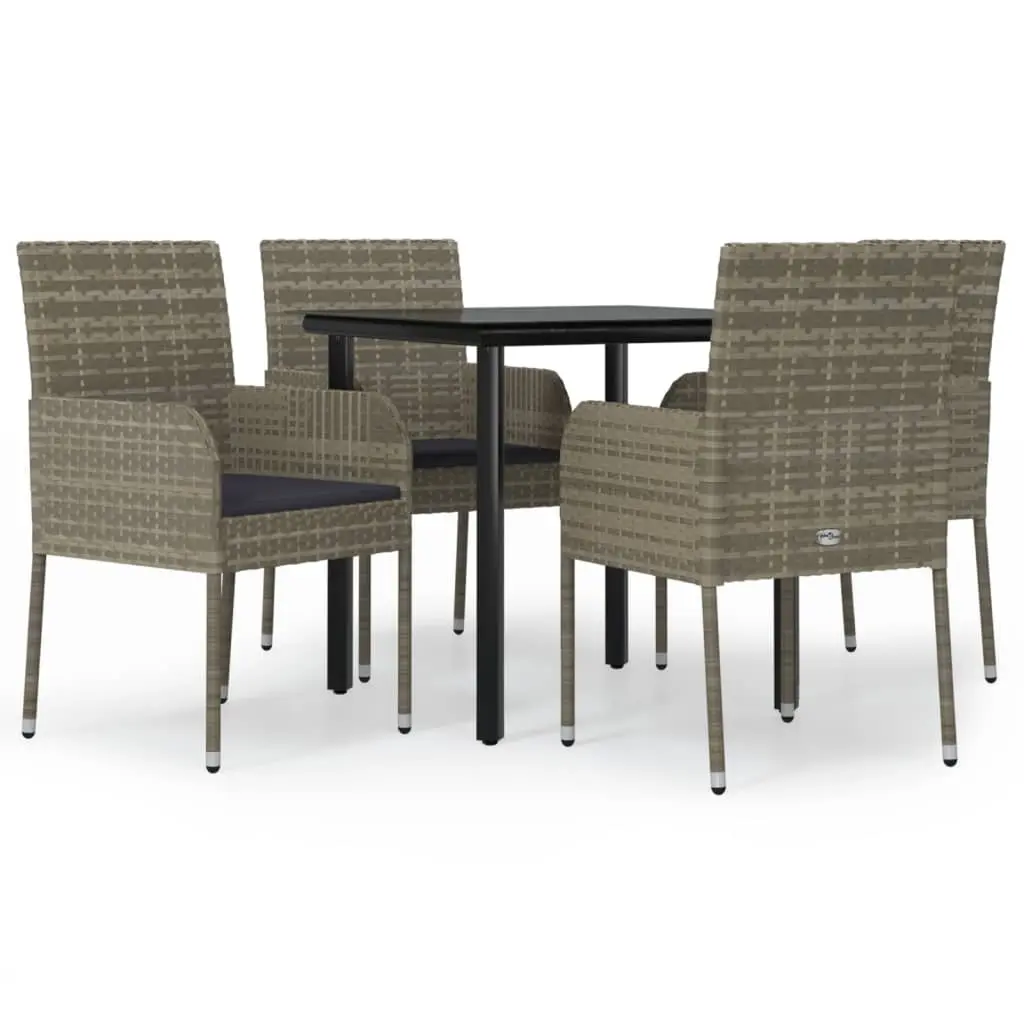 5 Piece Garden Dining Set with Cushions Black and Grey Poly Rattan 3185162 - Furniture