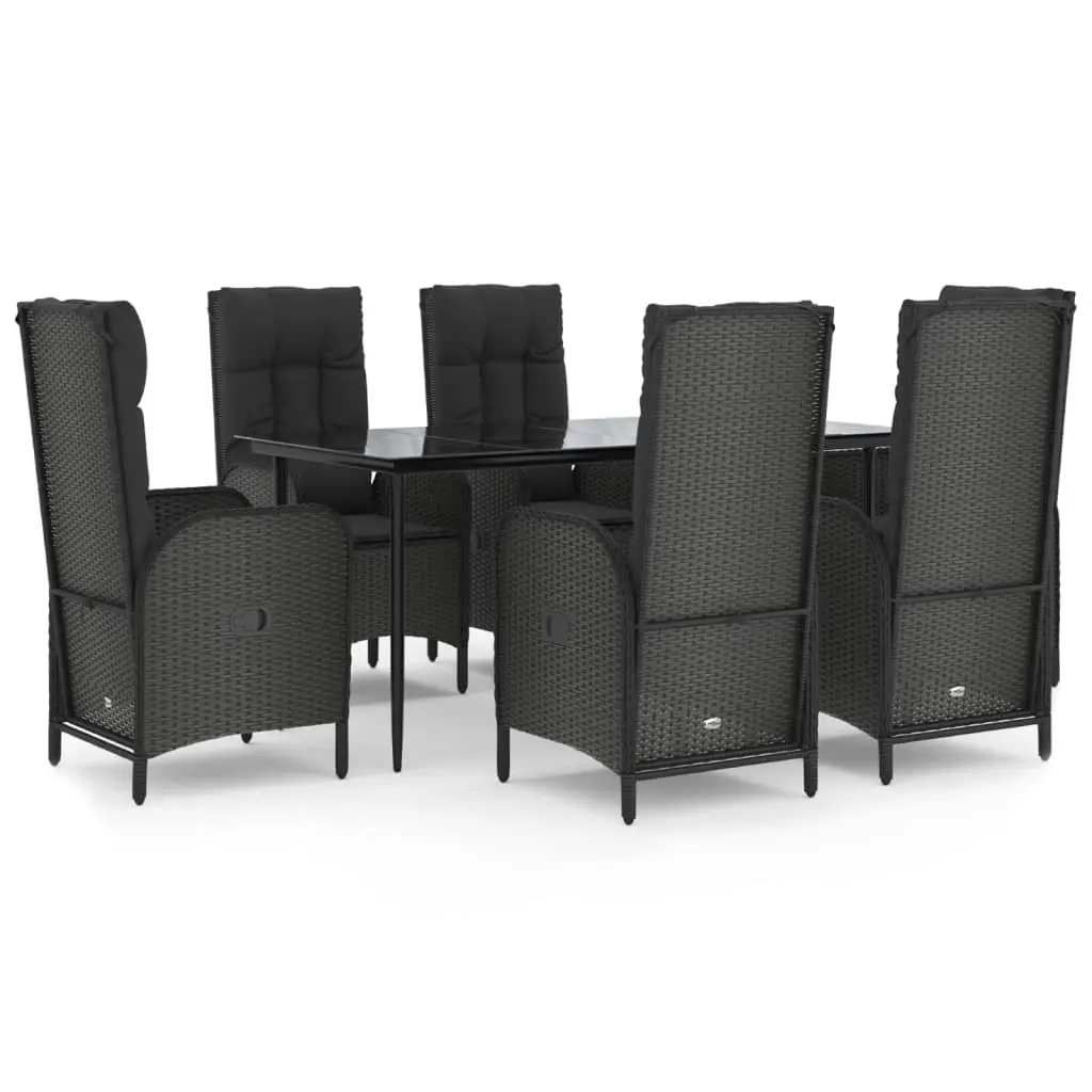 7 Piece Garden Dining Set with Cushions Black Poly Rattan 3185172 - Furniture