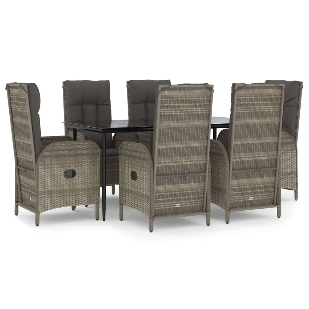 7 Piece Garden Dining Set with Cushions Black and Grey Poly Rattan 3185182 - Furniture