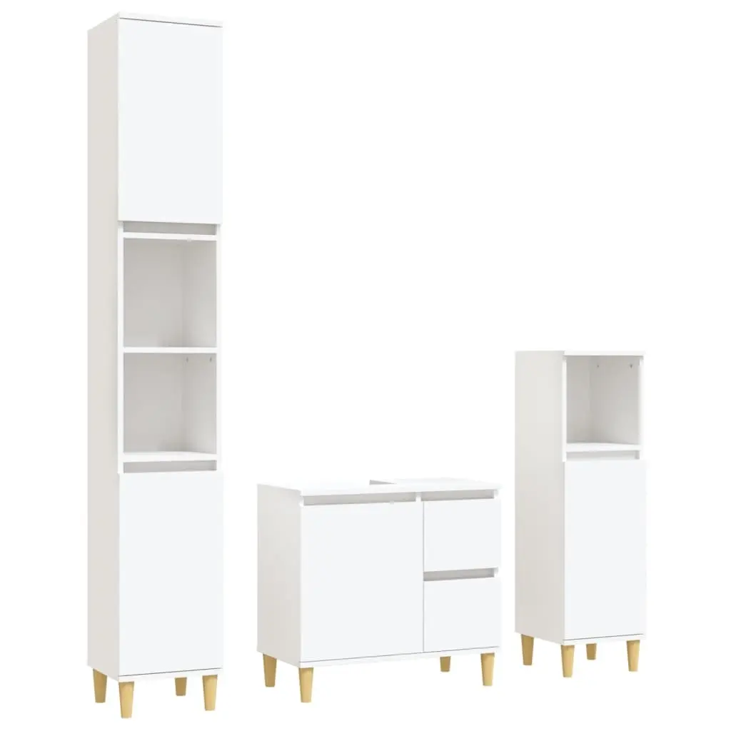 3 Piece Bathroom Cabinet Set White Engineered Wood 3185535 - Furniture