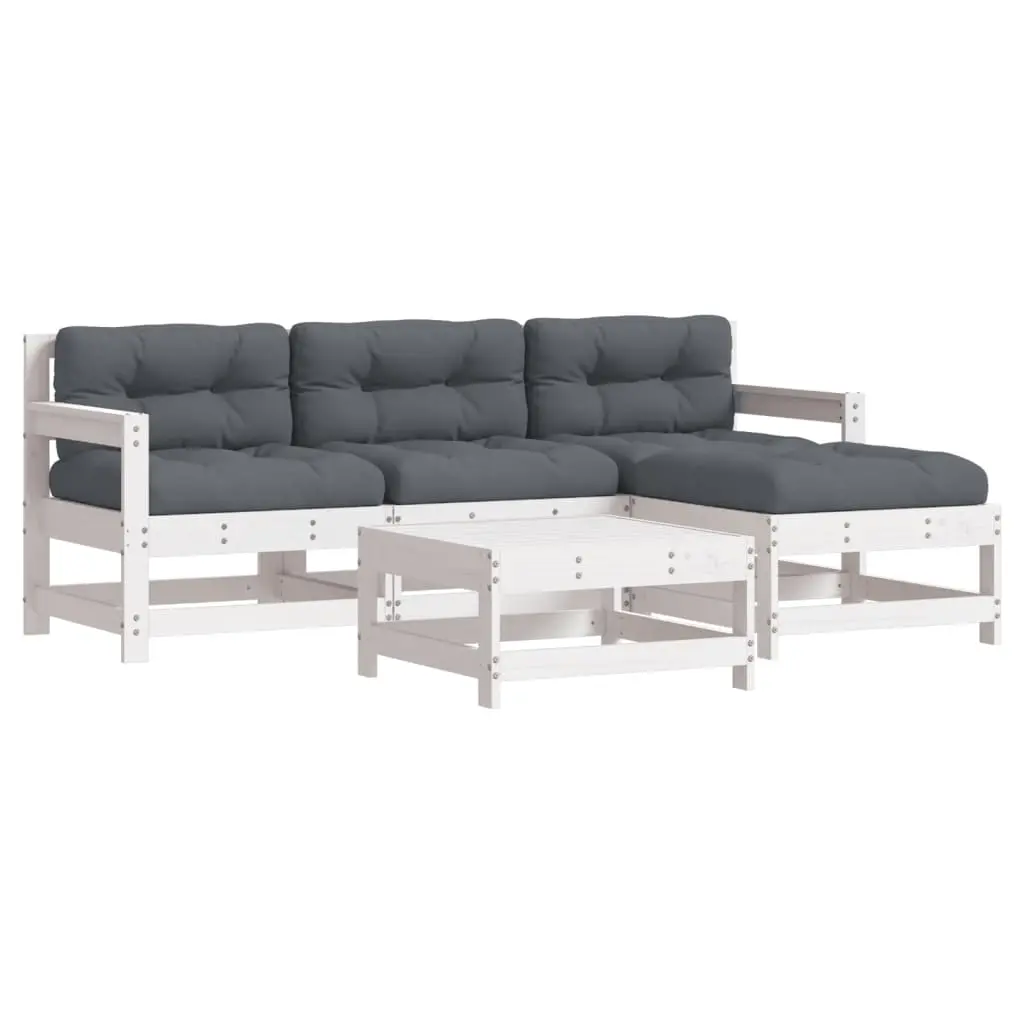 5 Piece Garden Lounge Set with Cushions White Solid Wood 3185795 - Furniture
