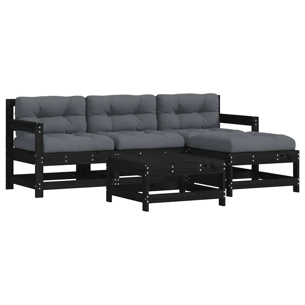 5 Piece Garden Lounge Set with Cushions Black Solid Wood 3185798 - Furniture