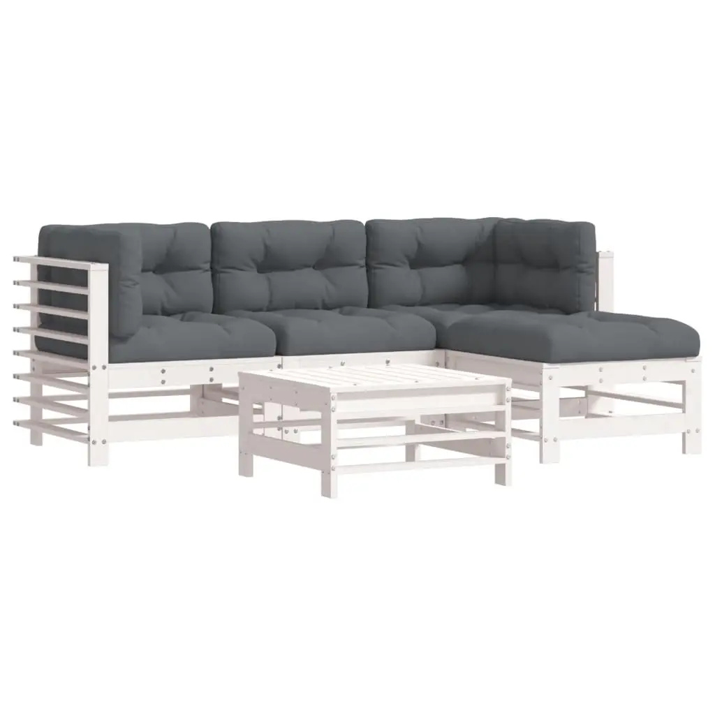 5 Piece Garden Lounge Set with Cushions White Solid Wood 3185802 - Furniture