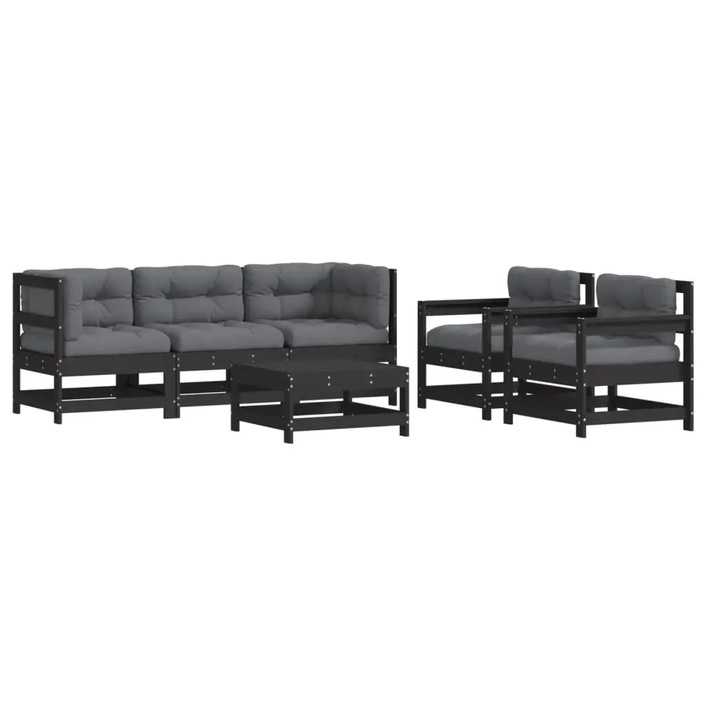 6 Piece Garden Lounge Set with Cushions Black Solid Wood 3185819 - Furniture