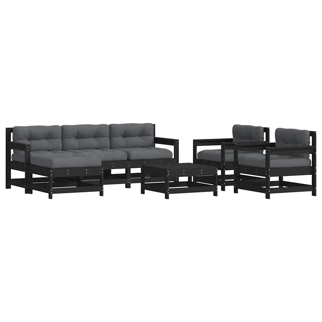 7 Piece Garden Lounge Set with Cushions Black Solid Wood 3185826 - Furniture