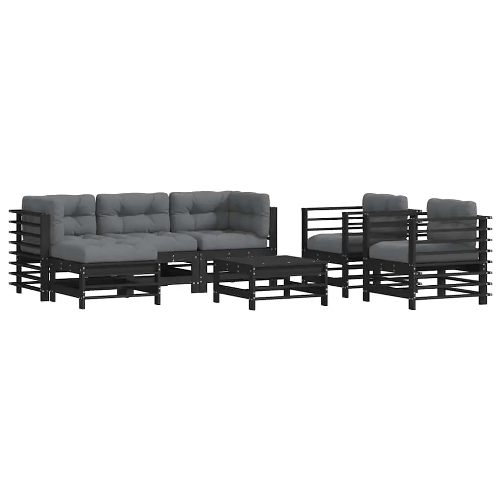 7 Piece Garden Lounge Set with Cushions Black Solid Wood 3185840 - Furniture
