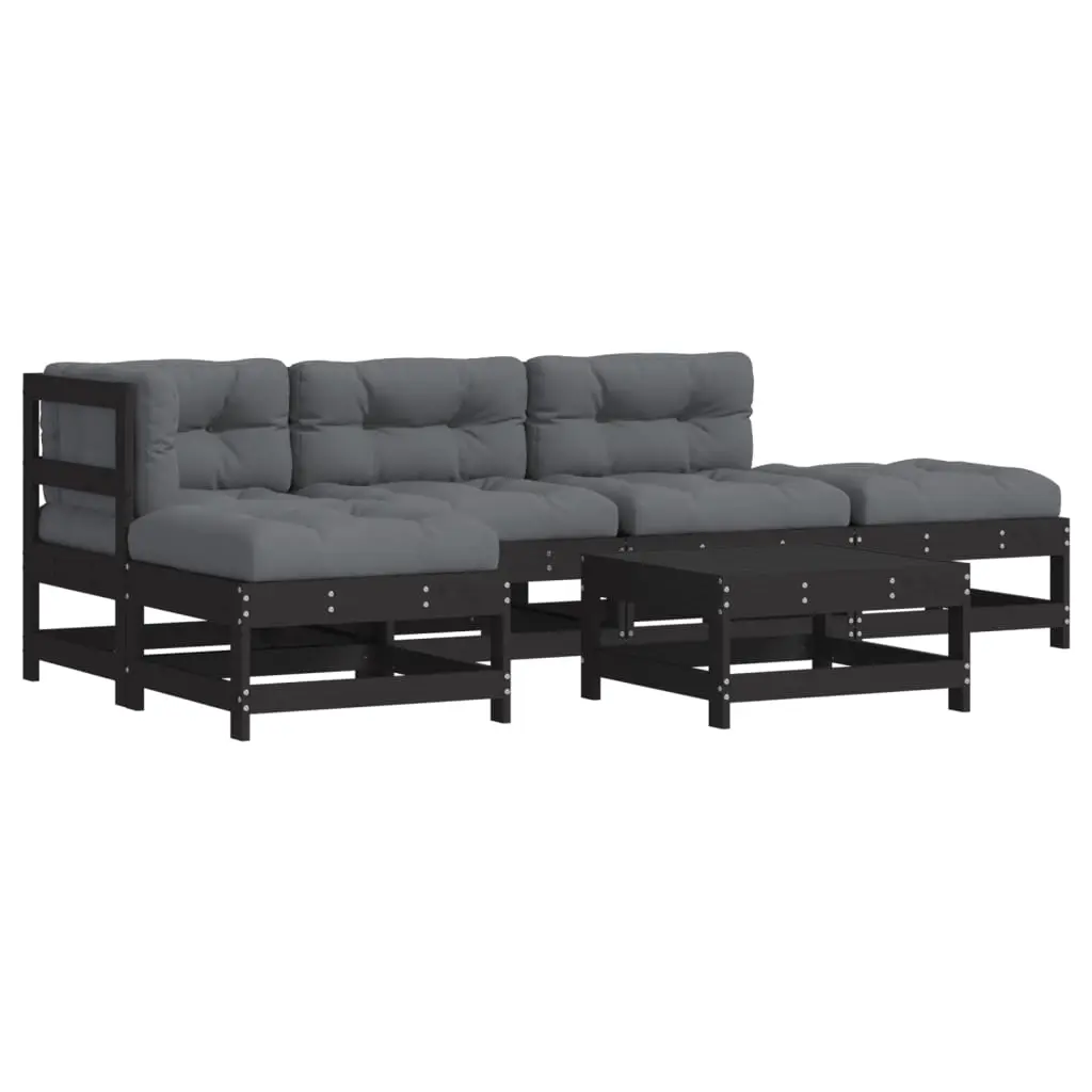6 Piece Garden Lounge Set with Cushions Black Solid Wood 3185903 - Furniture