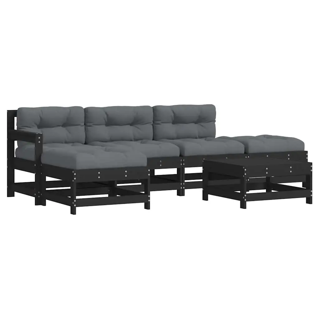 6 Piece Garden Lounge Set with Cushions Black Solid Wood 3185910 - Furniture