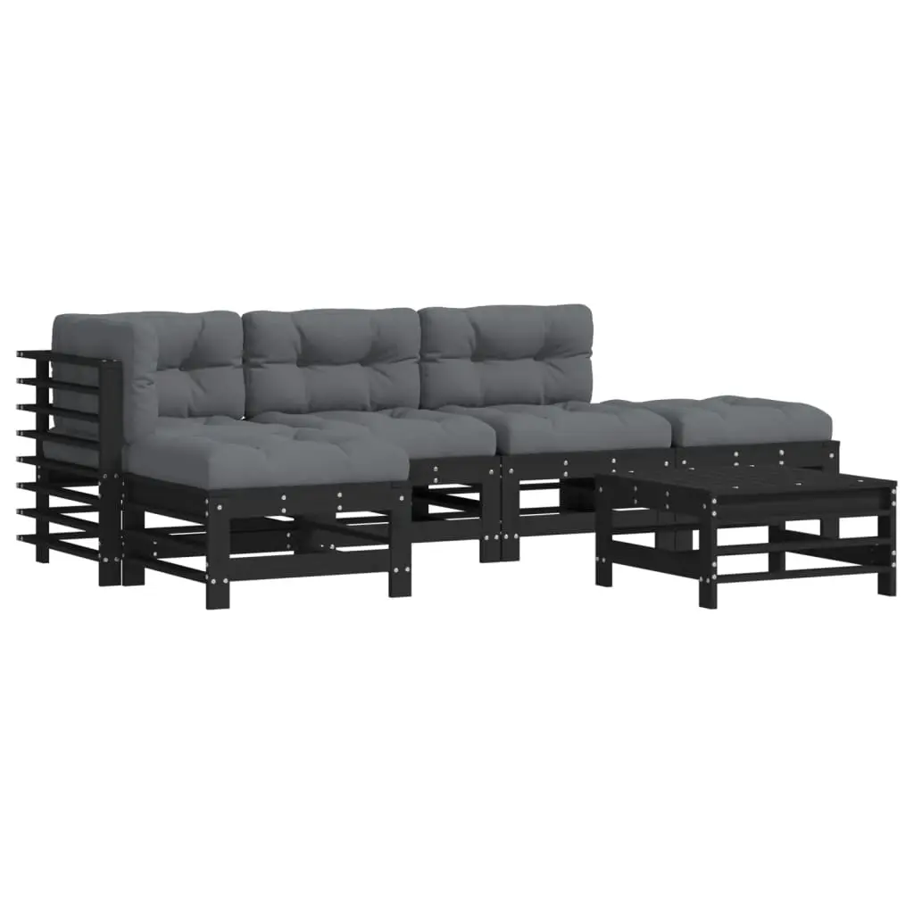 6 Piece Garden Lounge Set with Cushions Black Solid Wood 3185917 - Furniture