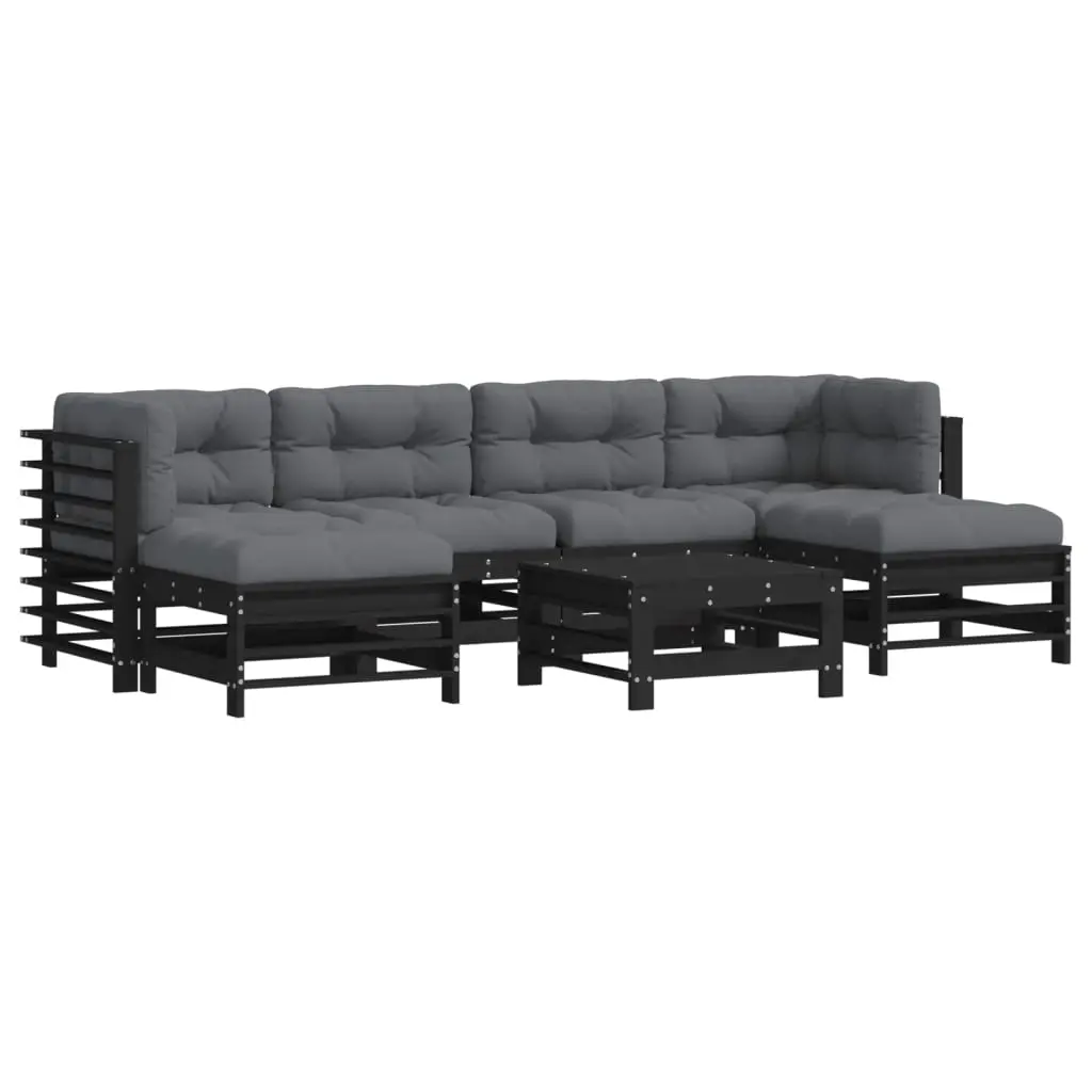 7 Piece Garden Lounge Set with Cushions Black Solid Wood 3185952 - Furniture