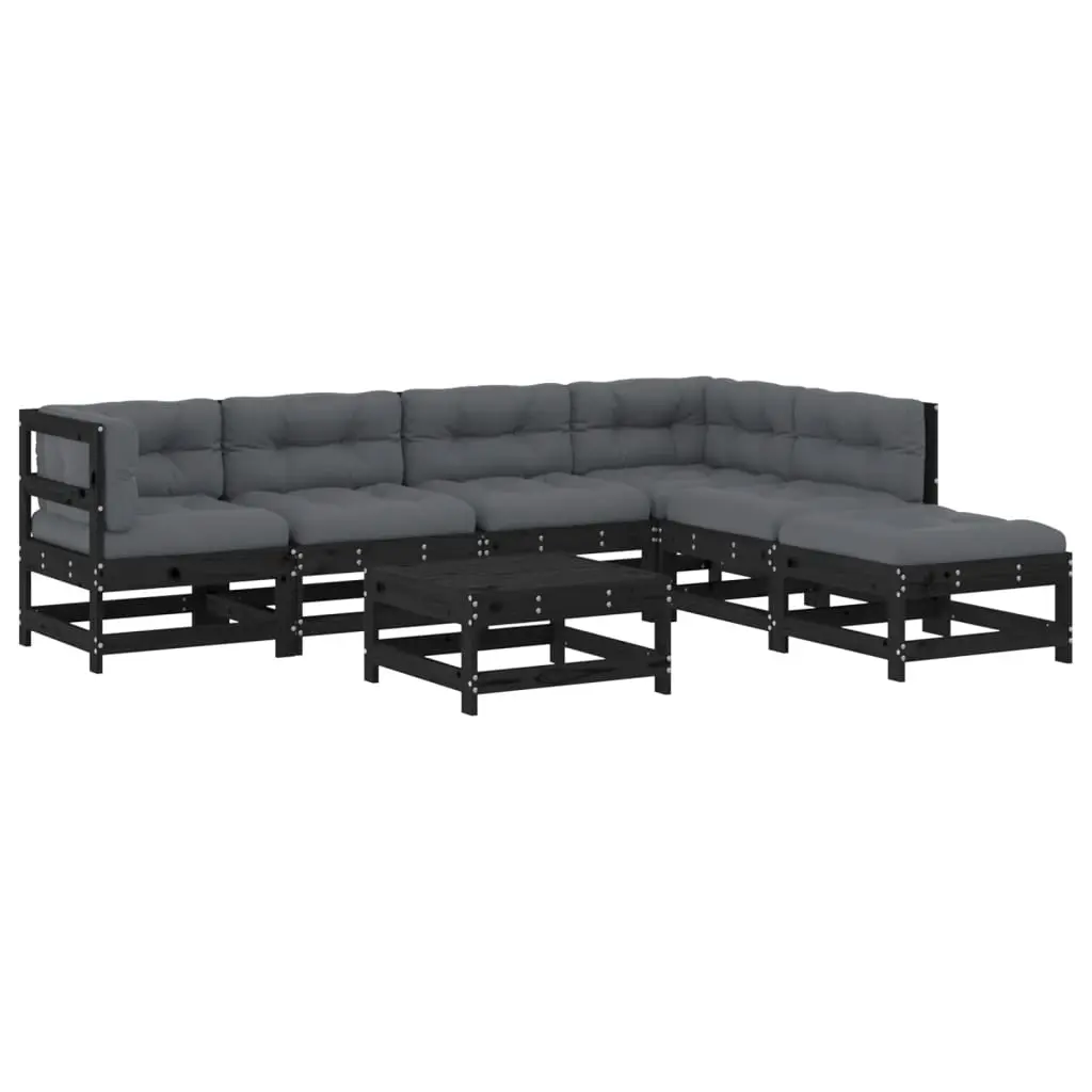 7 Piece Garden Lounge Set with Cushions Black Solid Wood 3185966 - Furniture