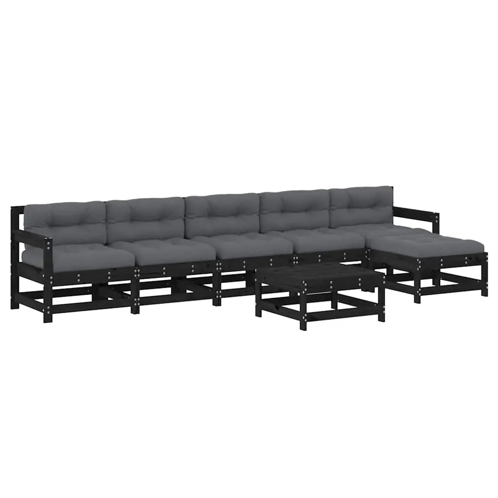 7 Piece Garden Lounge Set with Cushions Black Solid Wood 3185973 - Furniture
