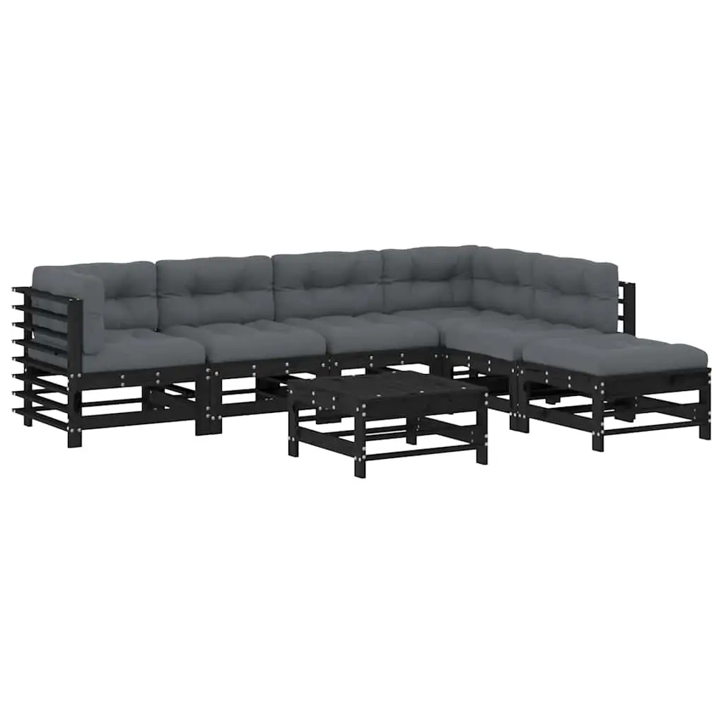 7 Piece Garden Lounge Set with Cushions Black Solid Wood 3185980 - Furniture