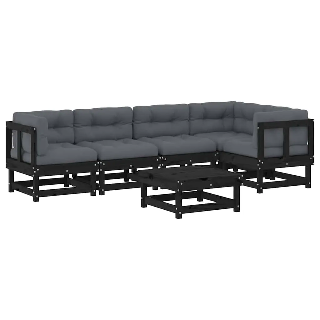 6 Piece Garden Lounge Set with Cushions Black Solid Wood 3185987 - Furniture