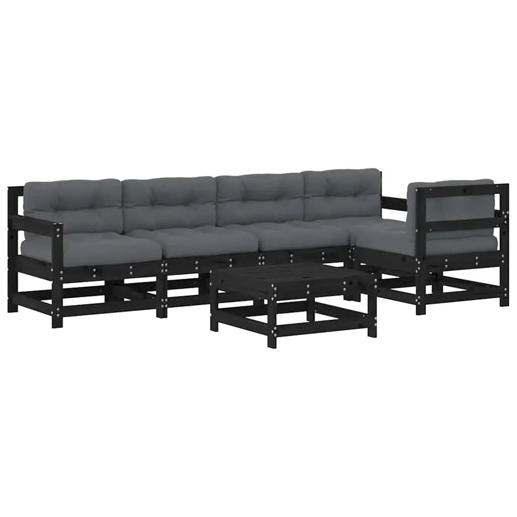 6 Piece Garden Lounge Set with Cushions Black Solid Wood 3185994 - Furniture