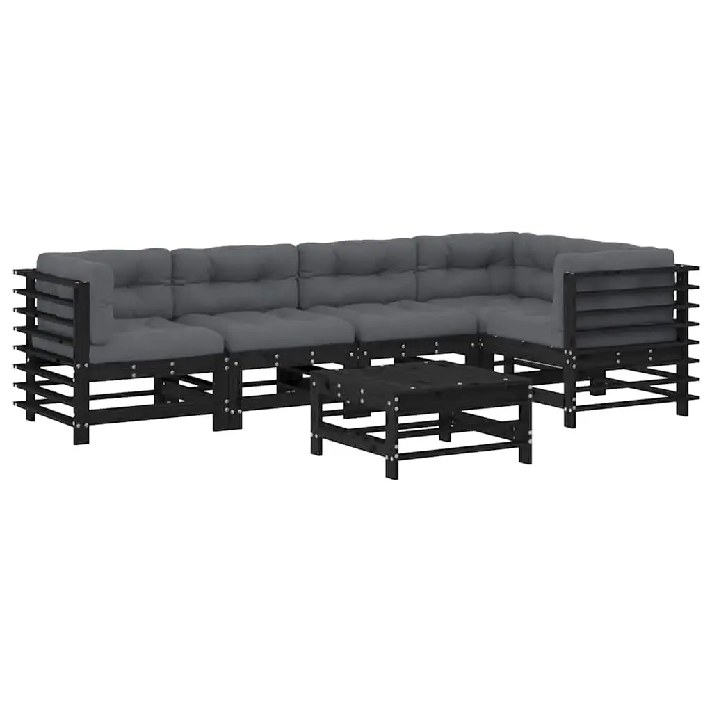 6 Piece Garden Lounge Set with Cushions Black Solid Wood 3186008 - Furniture