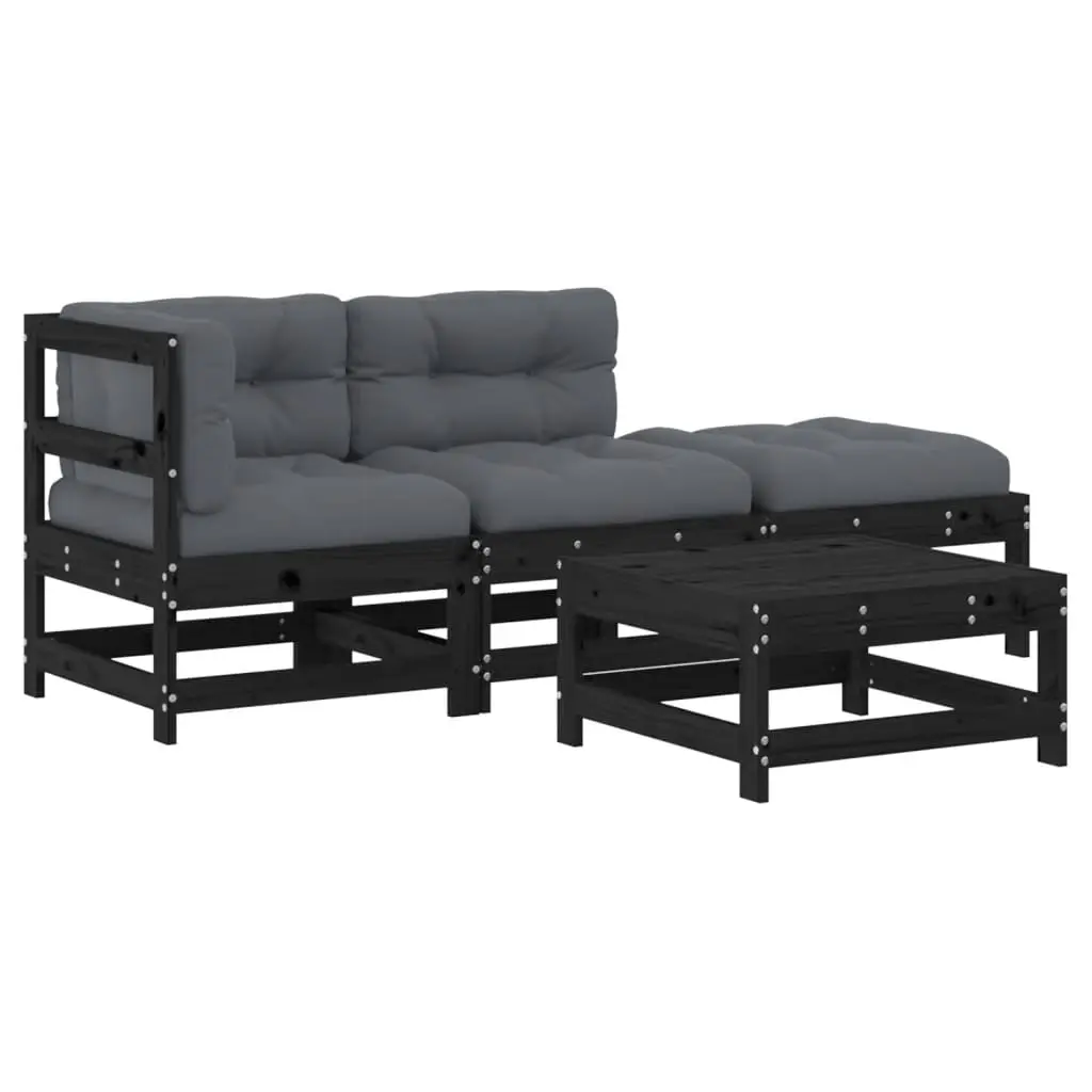 4 Piece Garden Lounge Set with Cushions Black Solid Wood 3186029 - Furniture