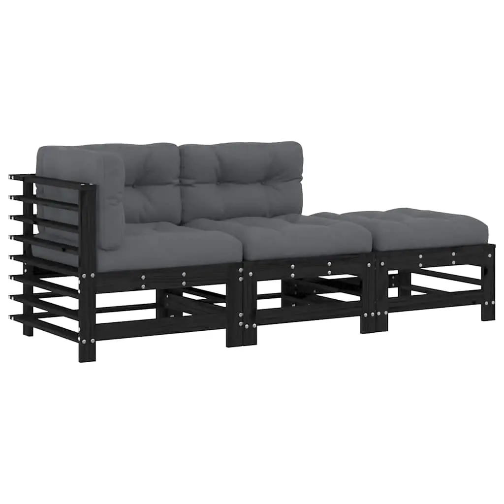 3 Piece Garden Lounge Set with Cushions Black Solid Wood 3186036 - Furniture