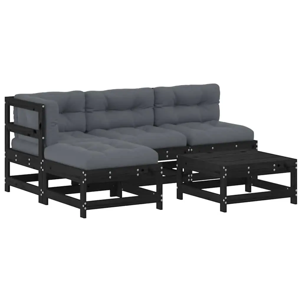 5 Piece Garden Lounge Set with Cushions Black Solid Wood 3186050 - Furniture