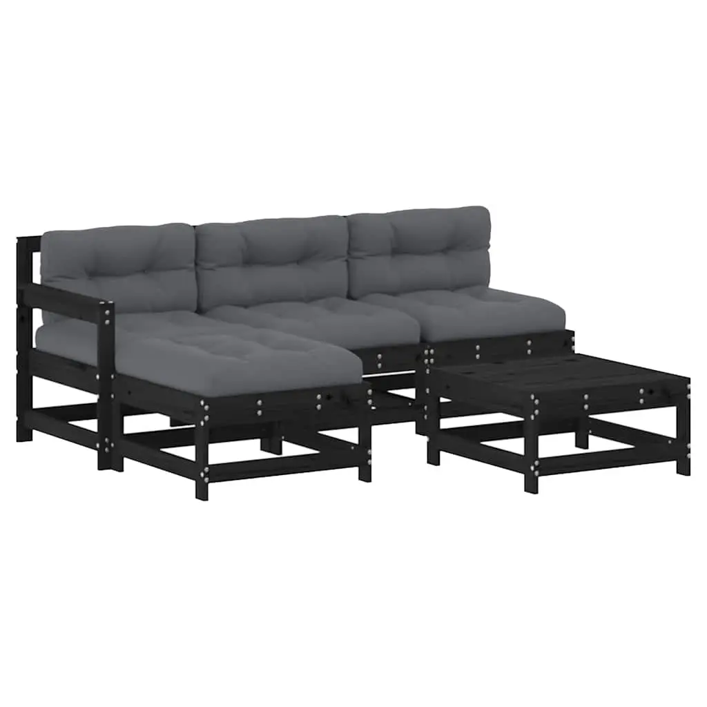 5 Piece Garden Lounge Set with Cushions Black Solid Wood 3186057 - Furniture