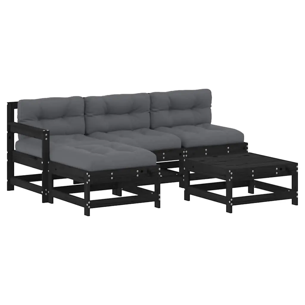 5 Piece Garden Lounge Set with Cushions Black Solid Wood 3186064 - Furniture