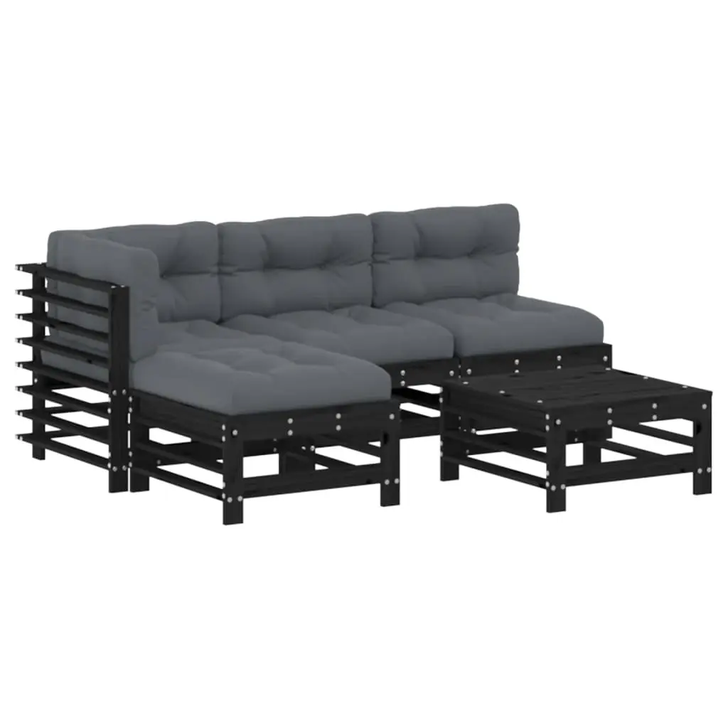 5 Piece Garden Lounge Set with Cushions Black Solid Wood 3186071 - Furniture