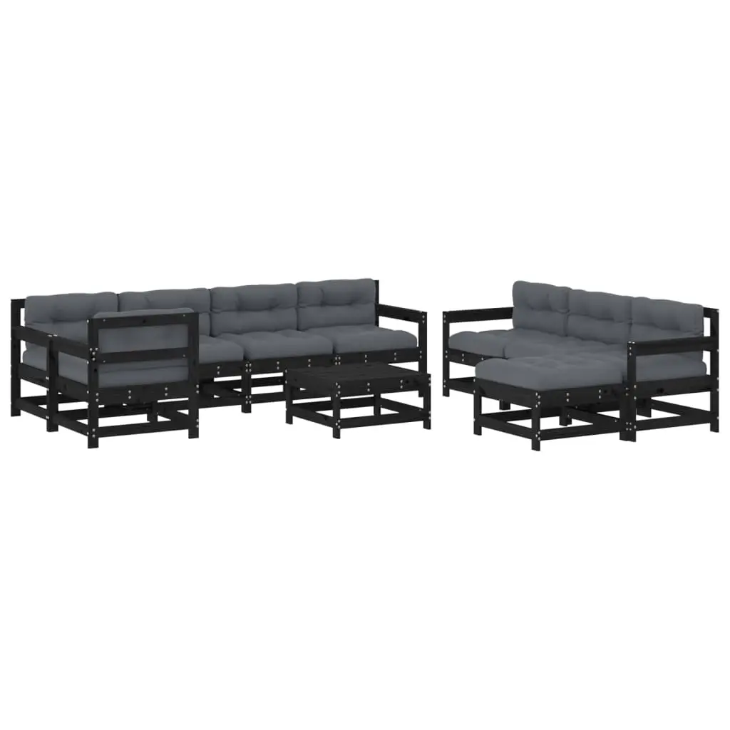 10 Piece Garden Lounge Set with Cushions Black Solid Wood 3186085 - Furniture