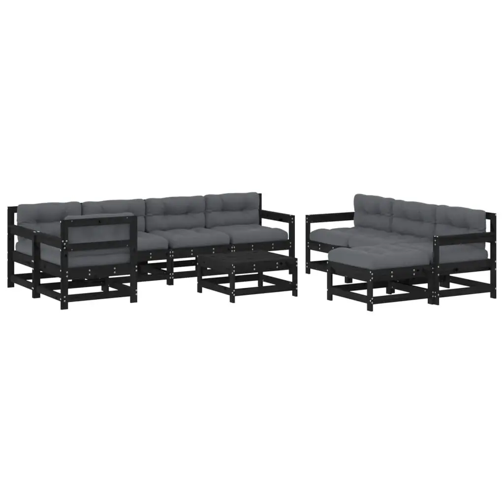10 Piece Garden Lounge Set with Cushions Black Solid Wood 3186092 - Furniture