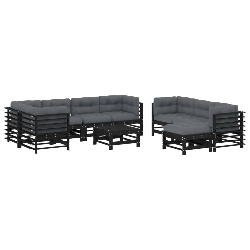 10 Piece Garden Lounge Set with Cushions Black Solid Wood 3186099 - Furniture
