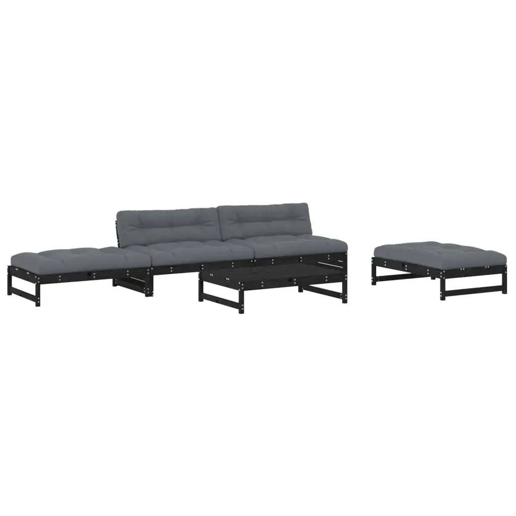 5 Piece Garden Lounge Set with Cushions Black Solid Wood 3186120 - Furniture