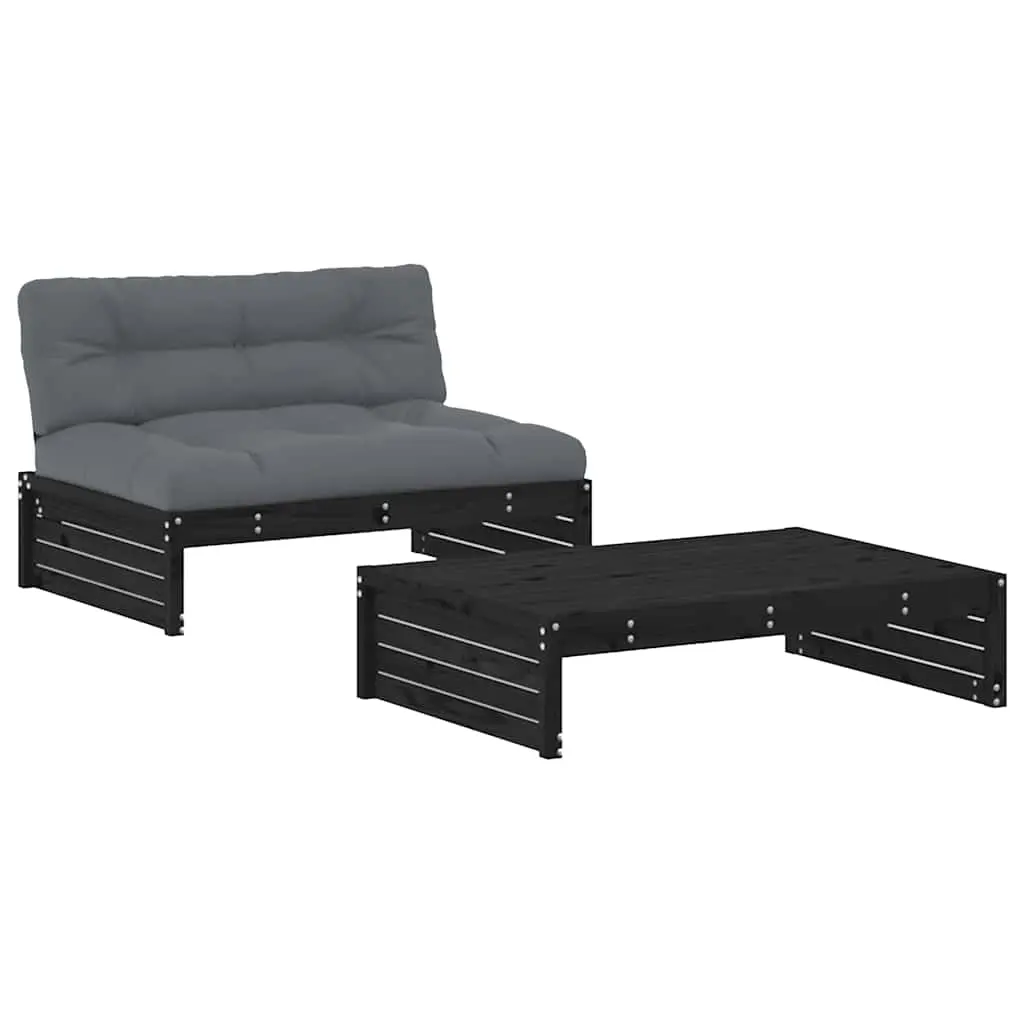 2 Piece Garden Lounge Set with Cushions Black Solid Wood 3186134 - Furniture