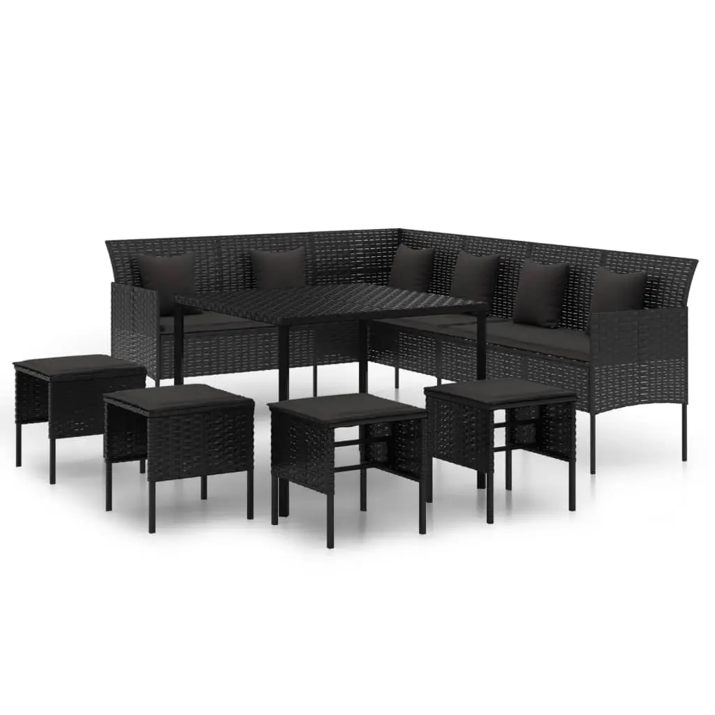 6 Piece Garden Dining Set with Cushions Black Poly Rattan 3186650 - Furniture