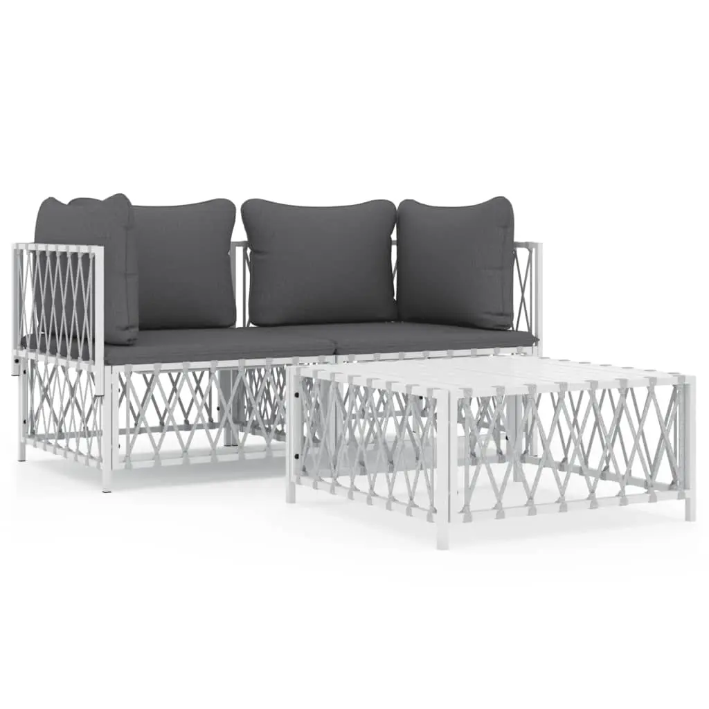 3 Piece Garden Lounge Set with Cushions White Steel 3186814 - Furniture